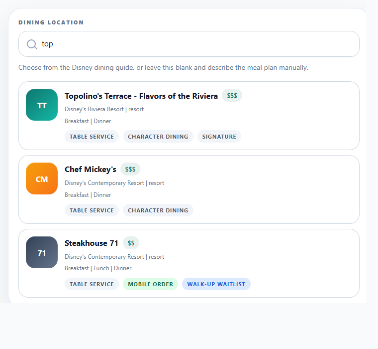 Dining search showing Disney restaurant autocomplete results with guide details and service tags.