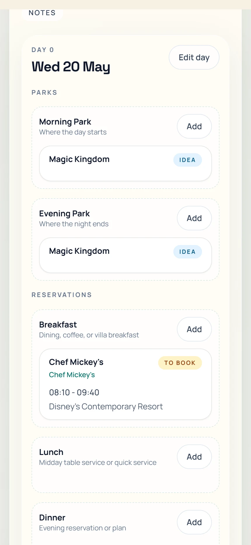 Mobile view of a trip day in the planner.