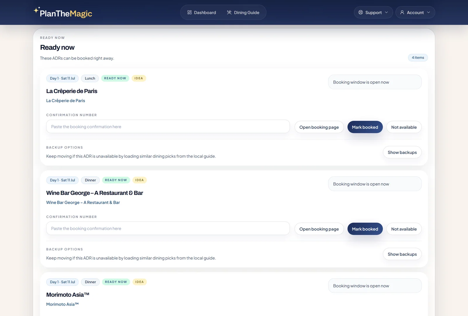 ADR booking queue showing ready, re-check, waiting, and manual follow-up dining reservation sections.