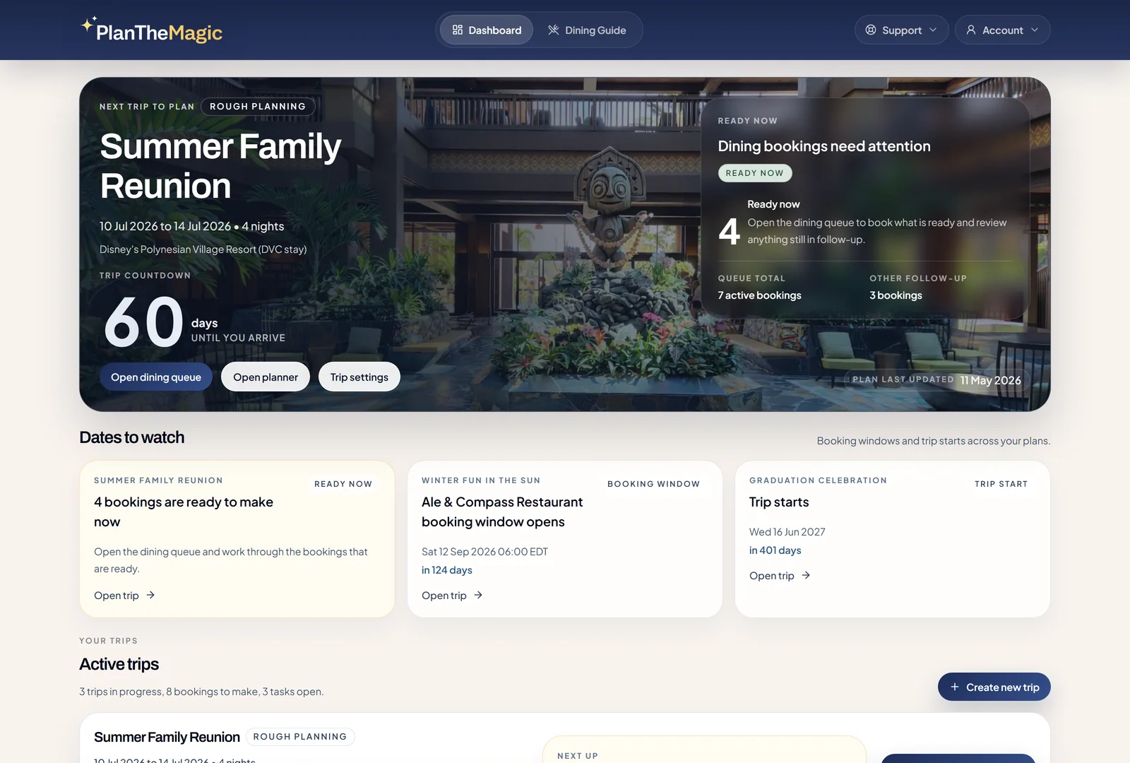 PlanTheMagic dashboard showing a trip countdown, dining bookings that need attention, dates to watch, and active trips.