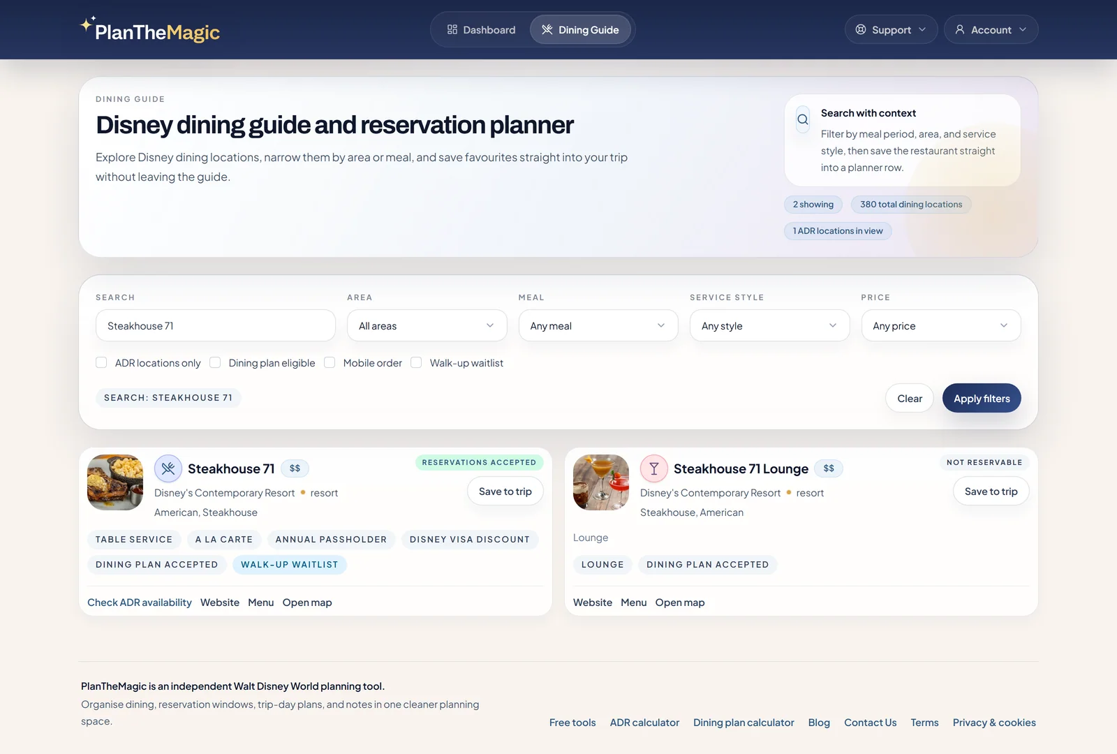 Dining guide search results showing restaurant details and trip-planning actions.