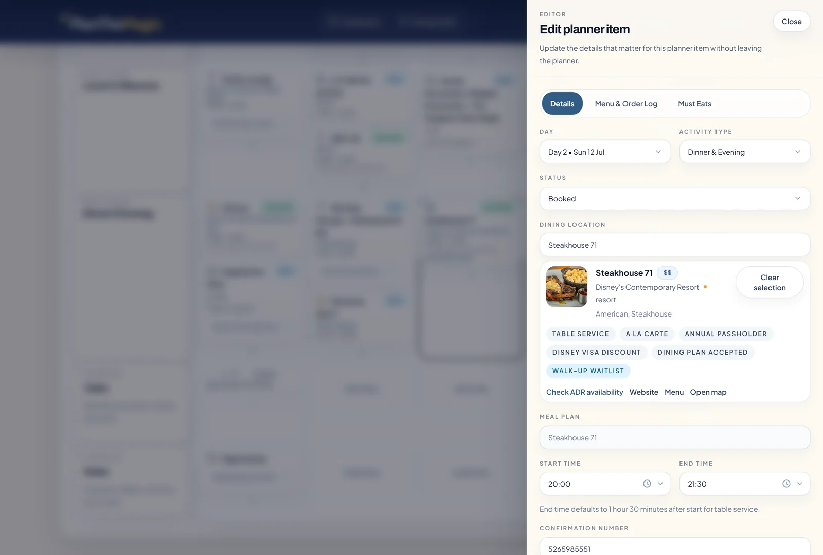 Reservation details panel with timing, booking status, confirmation number, and notes.