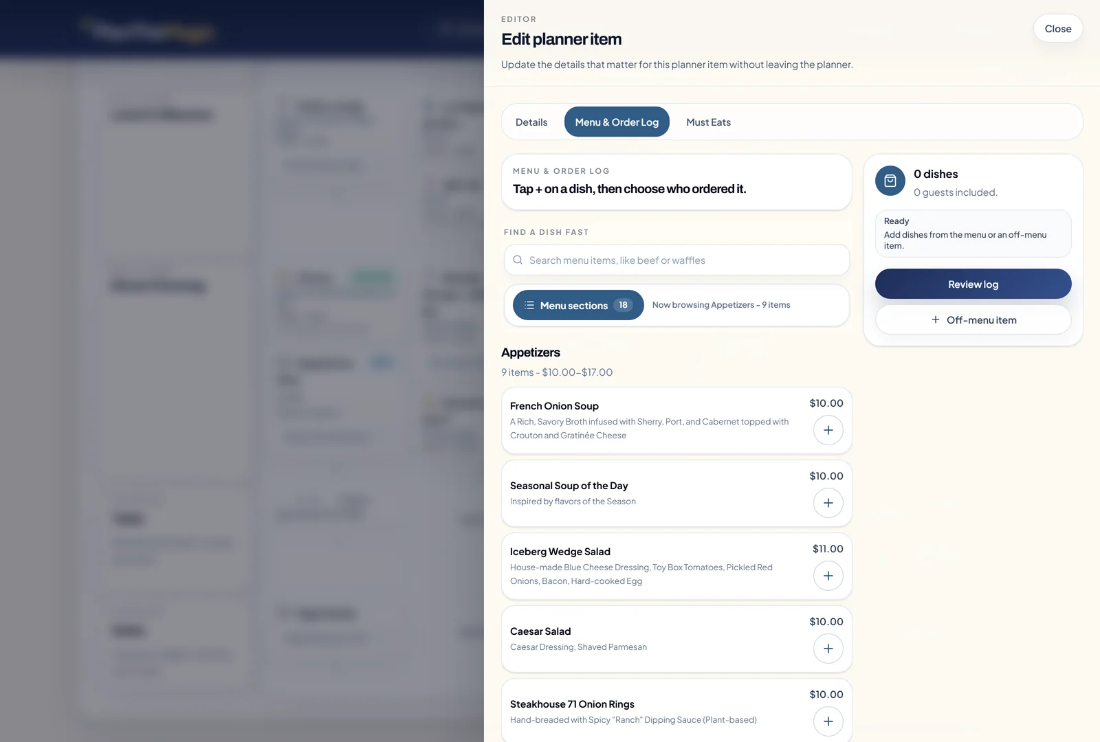 Menu and order log tab showing current menu items, saved dishes, guests, and order notes for a restaurant reservation.