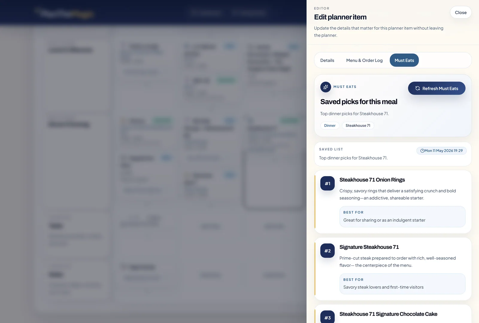 Must Eats tab showing saved dish recommendations inside a meal plan.